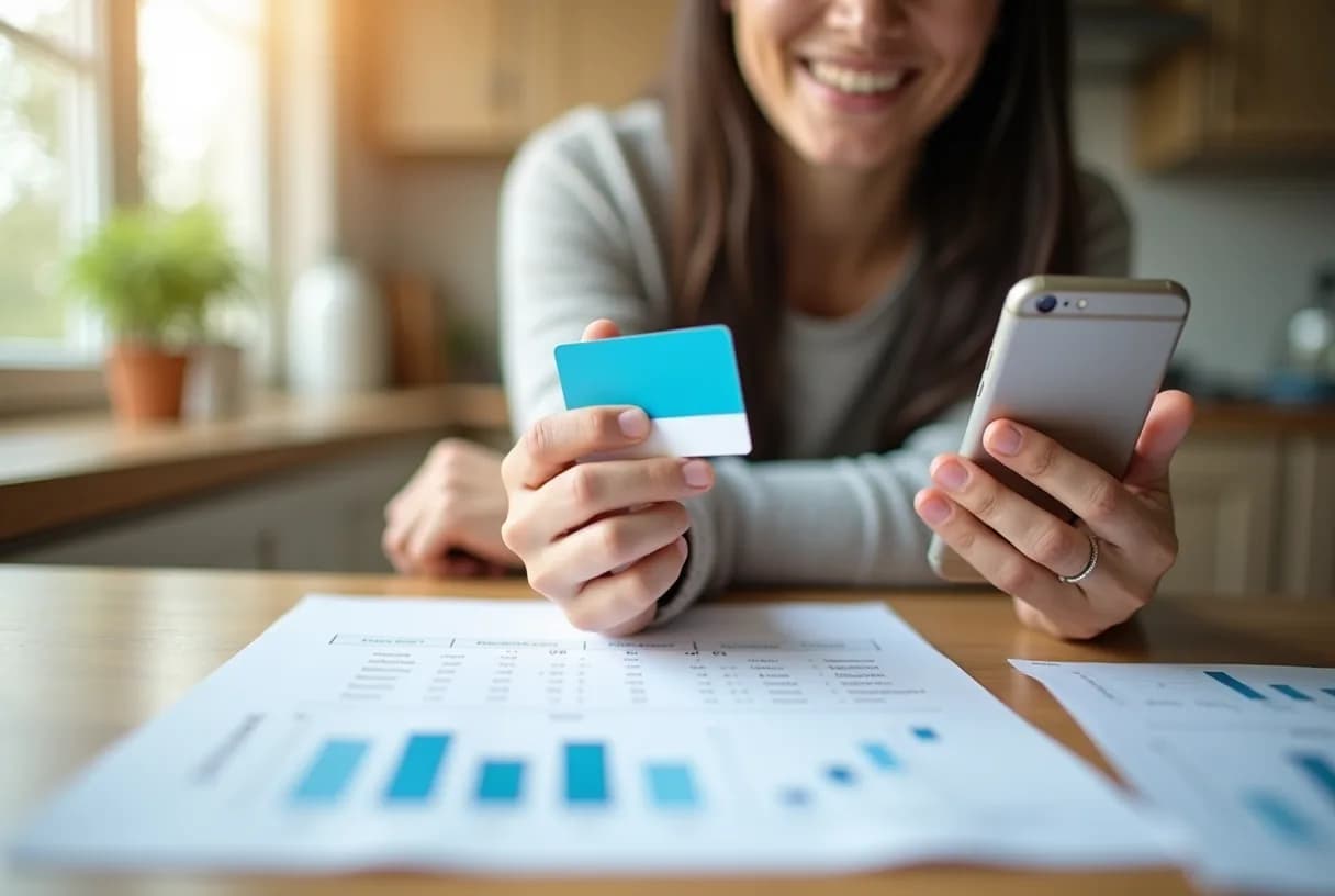 A person seated at a kitchen table holding a health insurance card in one hand and a smartphone in the other, reviewing prescription paperwork.