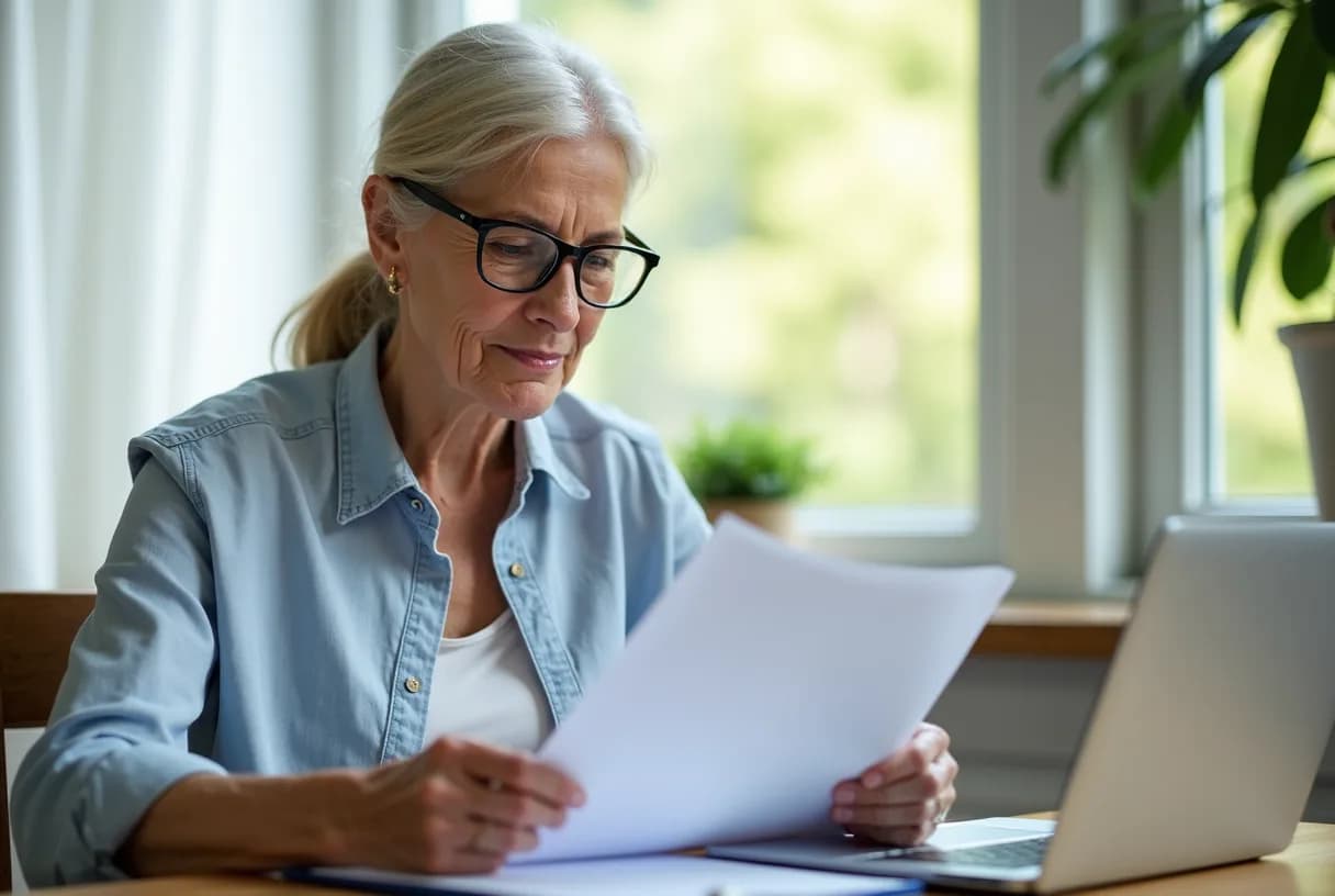A woman in her late sixties sitting at a kitchen table reviewing insurance paperwork on a laptop, a plain unbranded injection pen and a glass of water nearby, in calm daylight.