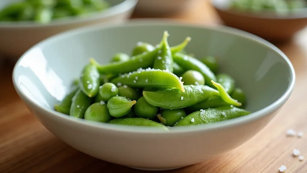 A white bowl of bright green edamame pods sprinkled with flaky sea salt on a wooden table