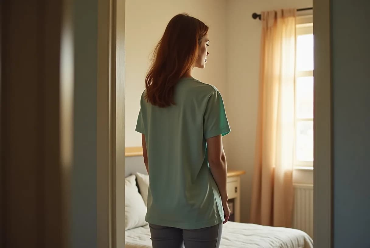 A woman in her early fifties sitting alone on the edge of a bed in a tidy, sunlit bedroom that clearly belonged to a young adult, looking thoughtful