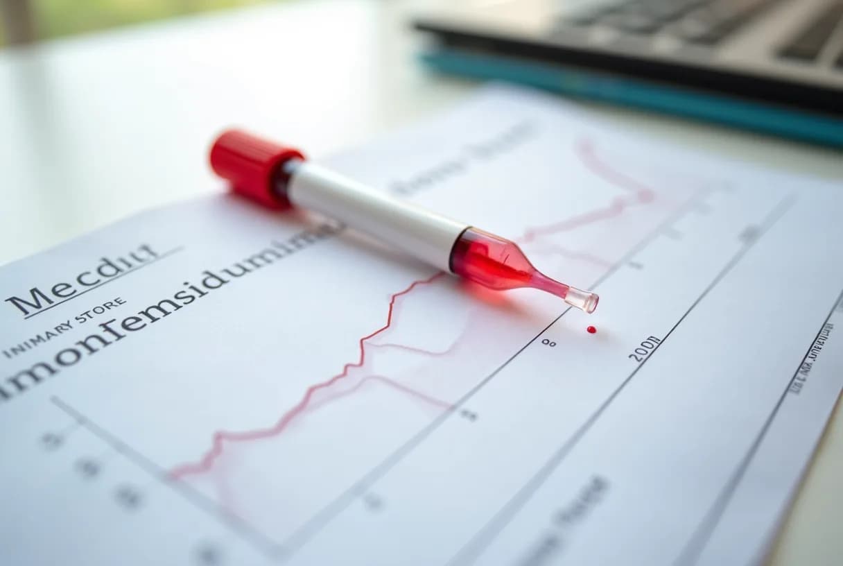 A blood collection tube beside a printed laboratory report and a line graph showing estradiol rising and falling across a menstrual cycle