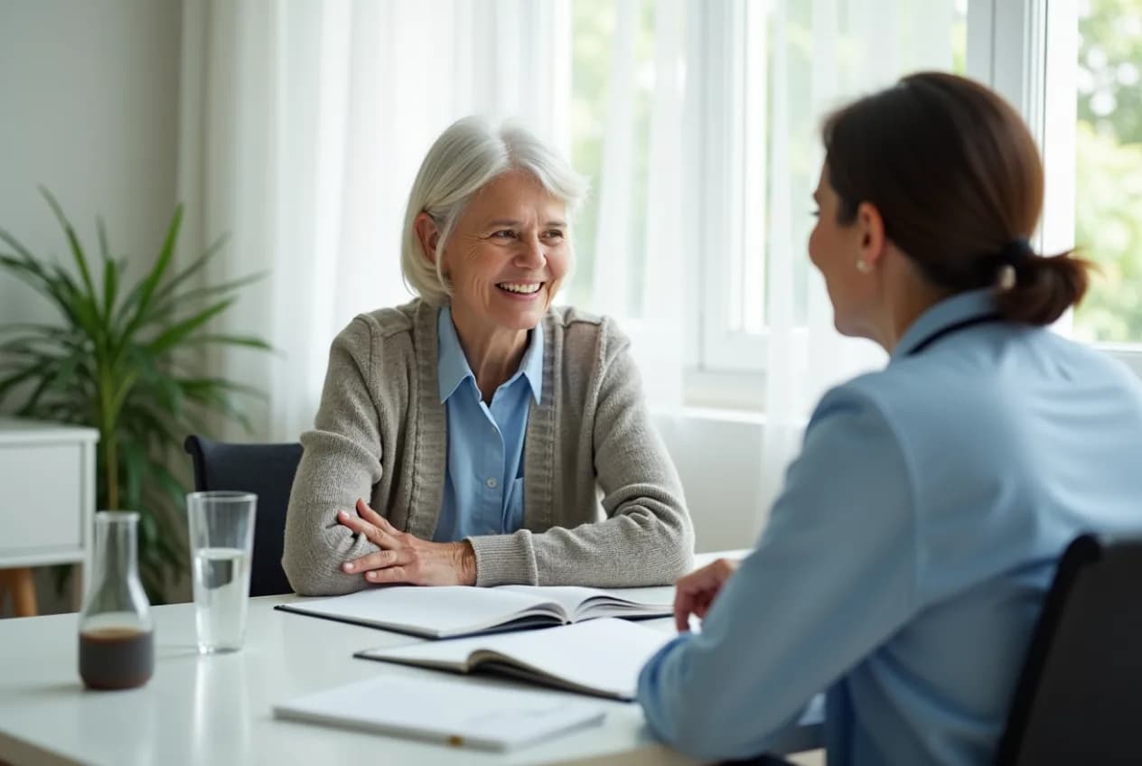A woman in her fifties talking with a clinician in a bright consultation room, an open notebook and a glass of water on the desk between them.