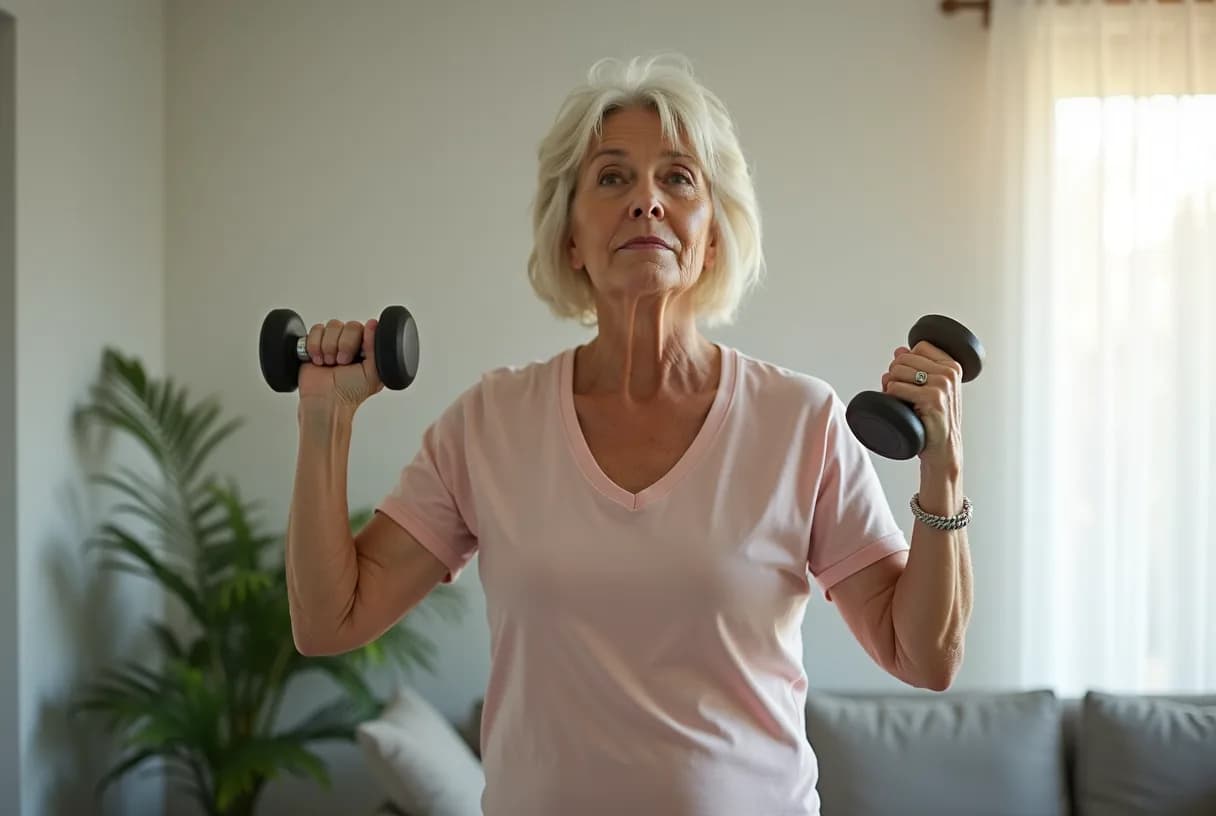A woman in her fifties in workout clothes performing a squat while holding light dumbbells in a bright home living room, with a resistance band and a chair nearby