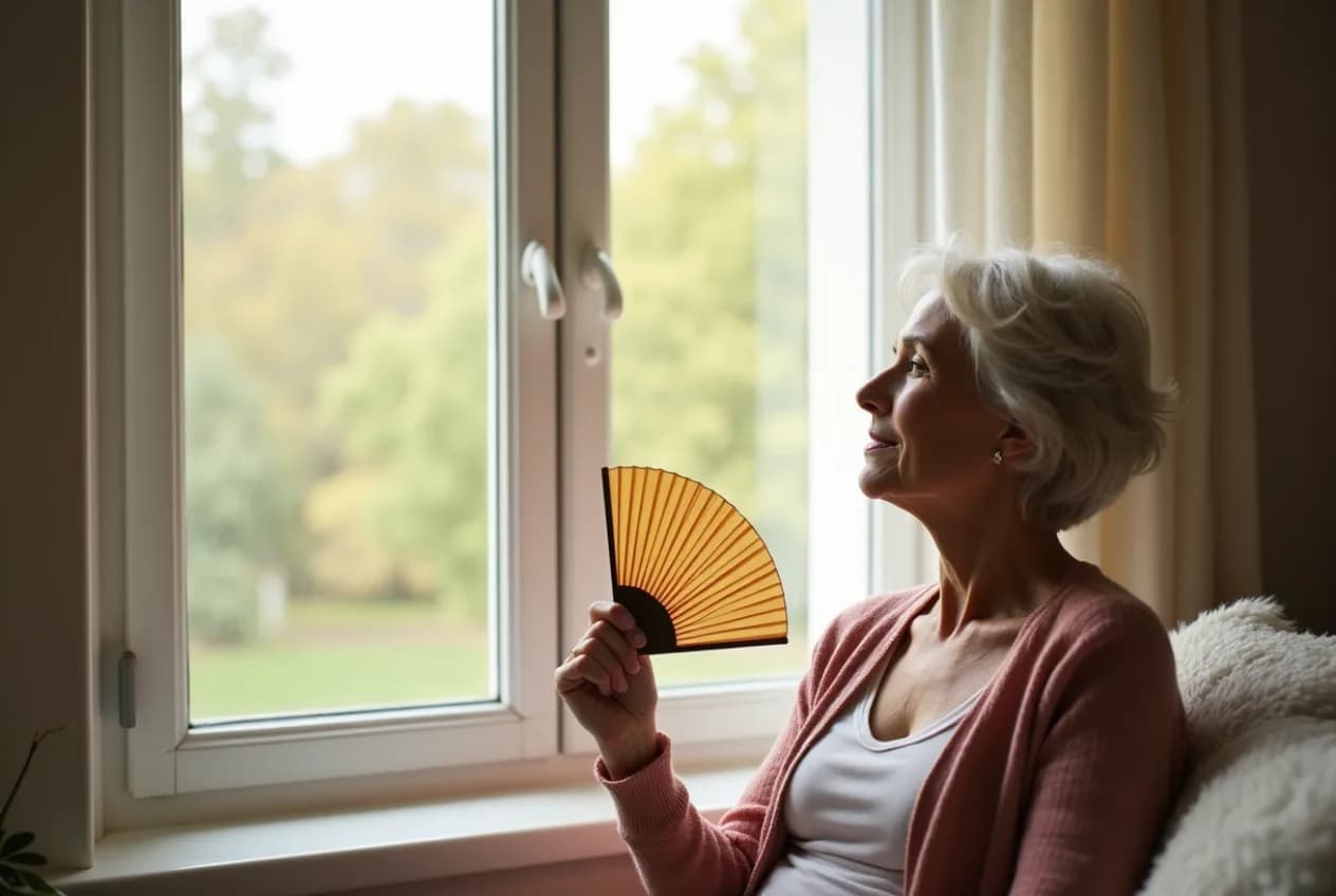 A woman in her early fifties sitting near an open window and fanning herself, in soft natural daylight.