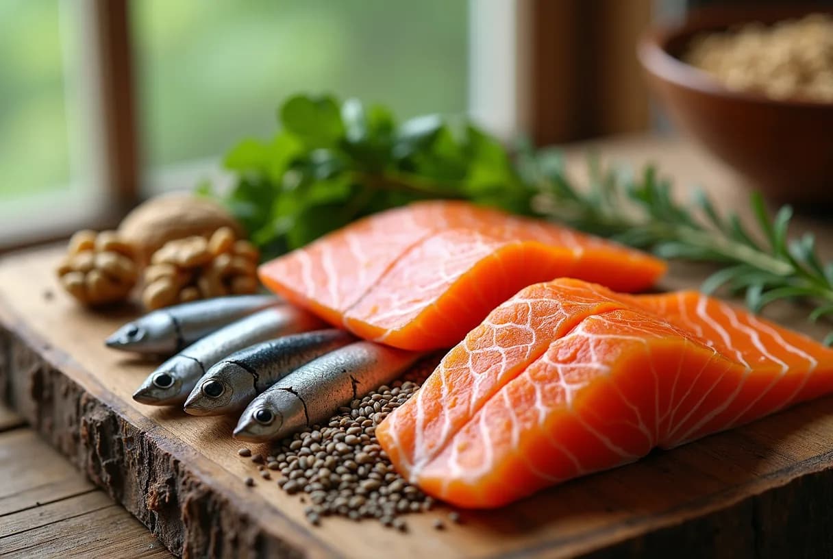 Overhead view of raw salmon fillets, sardines, walnuts, ground flaxseed, chia seeds and hemp hearts arranged on a stone countertop.