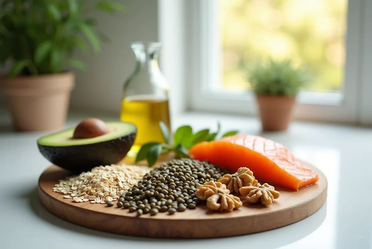 Overhead view of a wooden table holding a bowl of oatmeal with berries, a dish of cooked lentils, a handful of walnuts and almonds, a small jug of olive oil, and a cooked salmon fillet with lemon