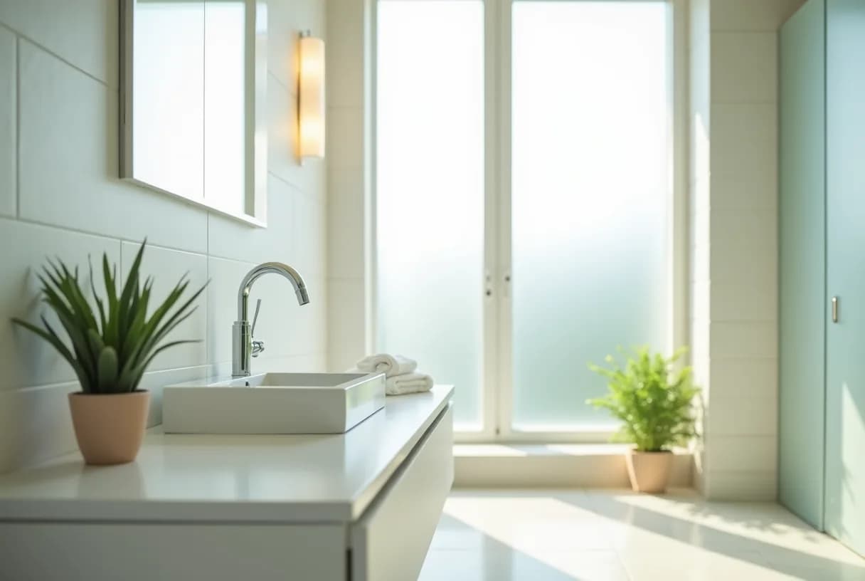 A woman in her forties standing at a kitchen window holding a mug of tea in soft morning light, looking calm and thoughtful