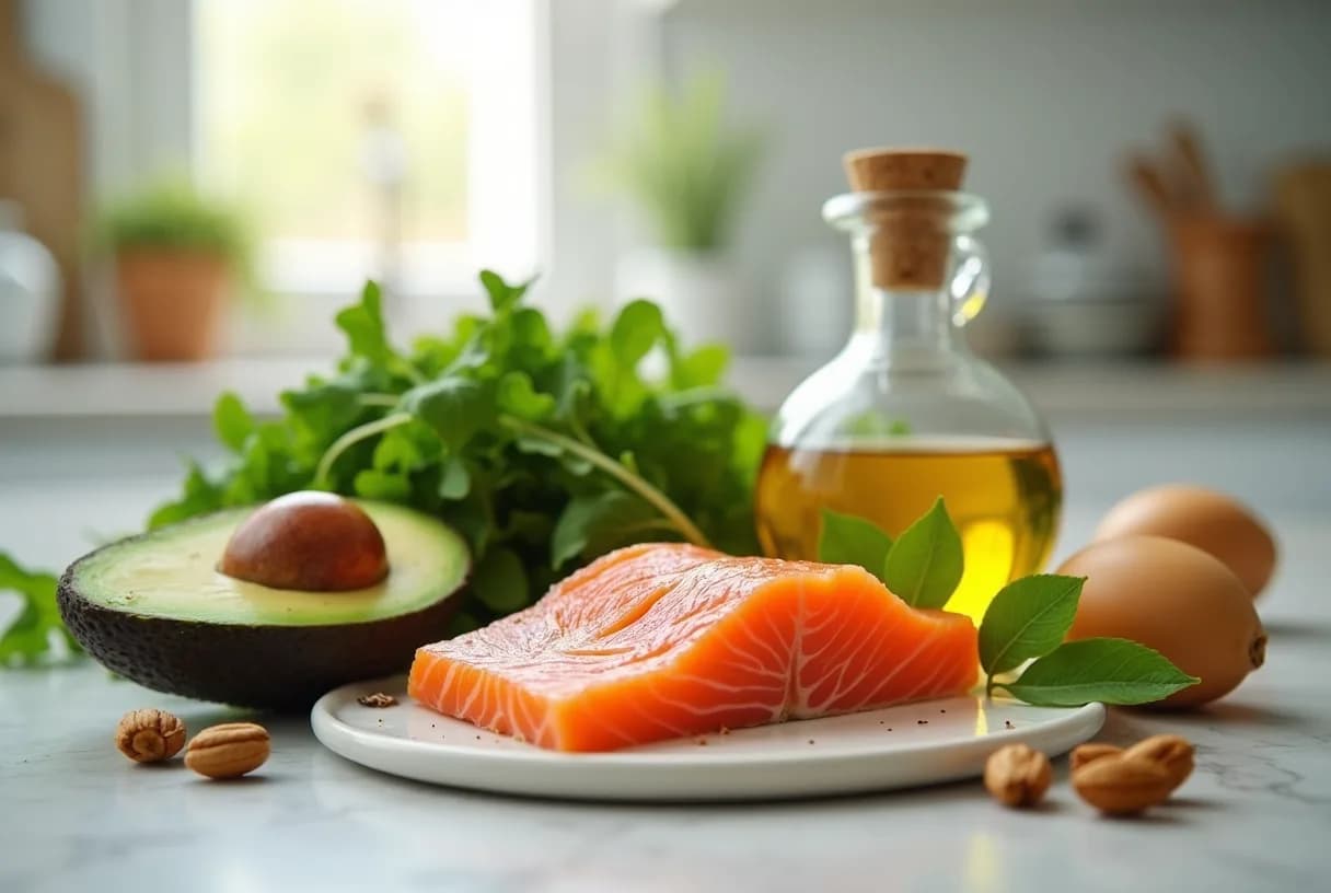 A woman in her fifties preparing a meal of salmon, leafy greens and olive oil in a bright home kitchen, with a set of dumbbells resting on the floor nearby