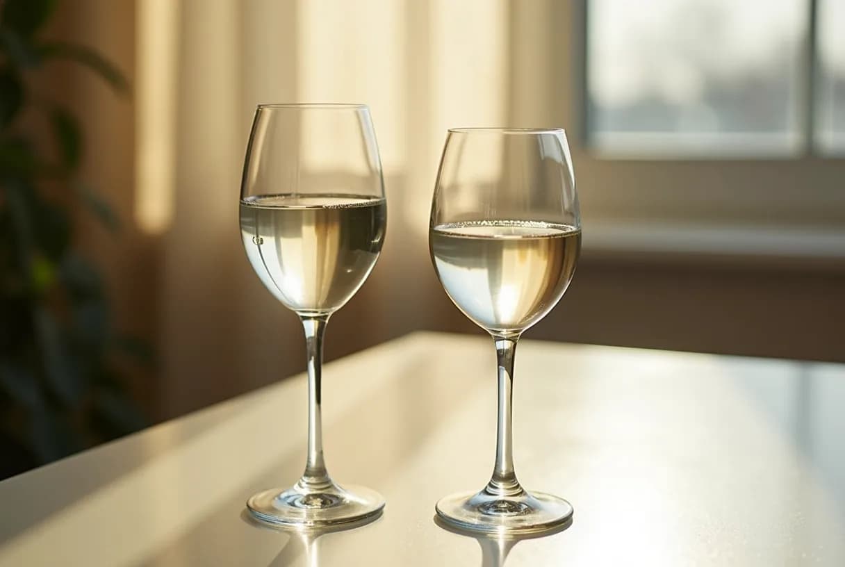 A single glass of red wine and an unbranded medical injection pen resting on a neutral kitchen counter in soft daylight