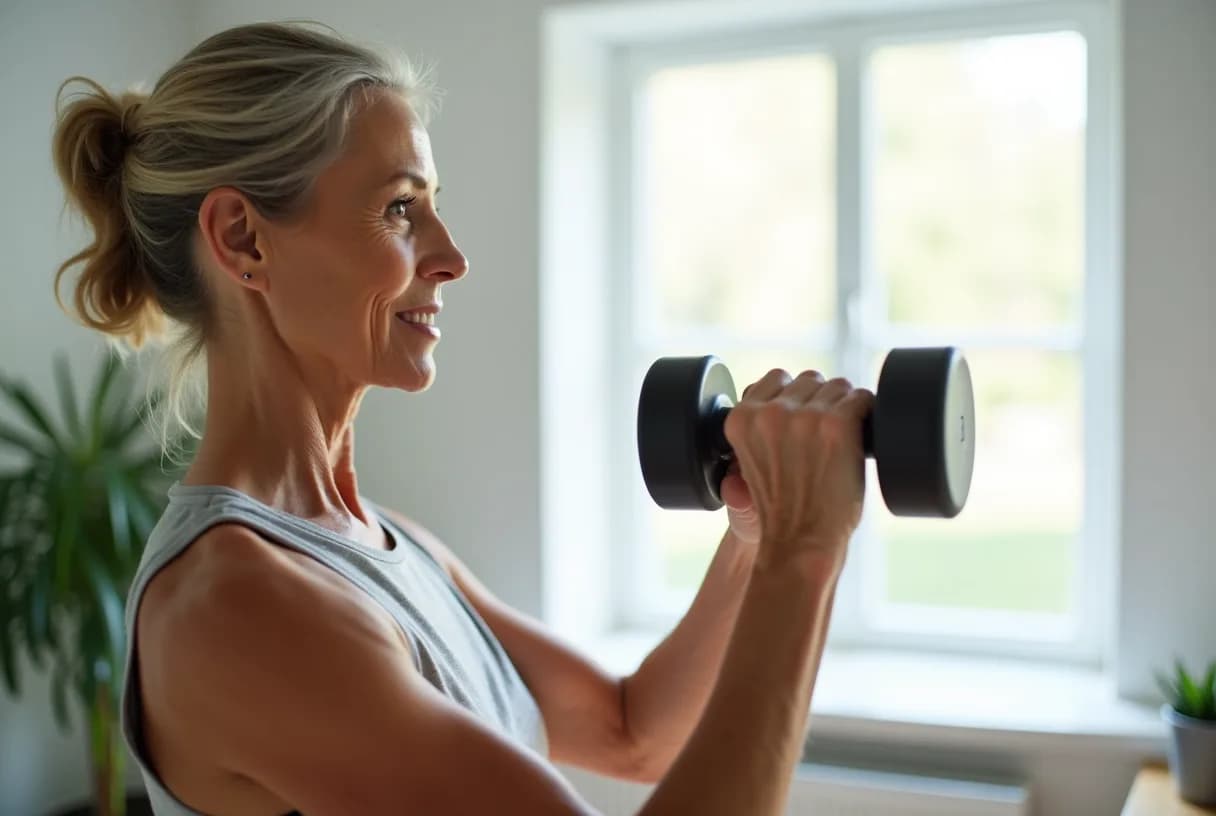 A healthy woman in her early 50s lifting a pair of light dumbbells in a bright home setting, focused and steady.