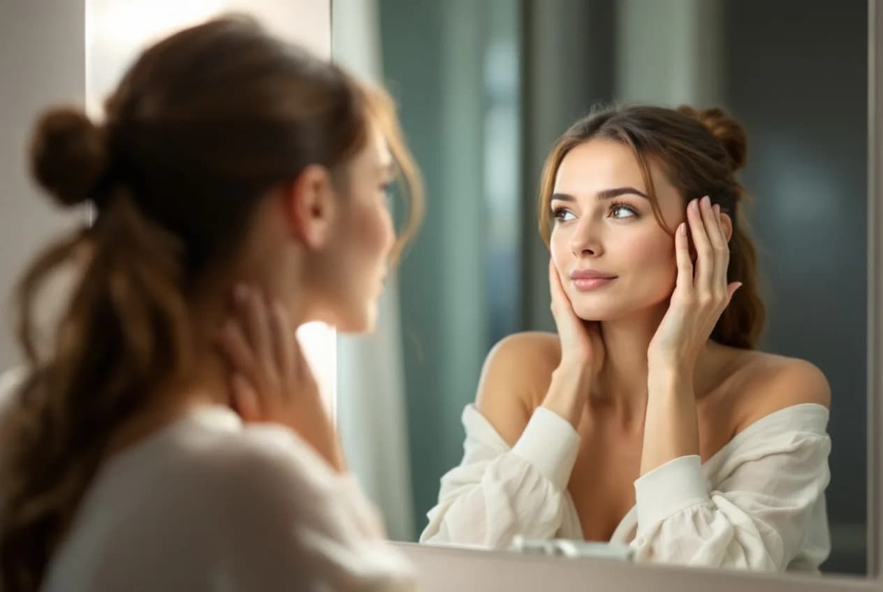 A woman in her 40s gently checking her hair in a bright bathroom mirror