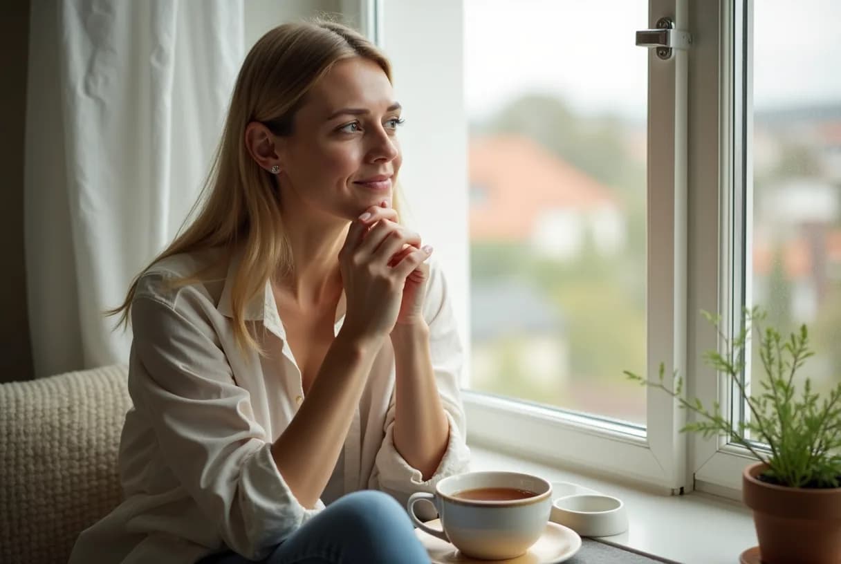 A woman in her thirties sitting across from a clinician in a bright consultation room, reviewing printed information together.