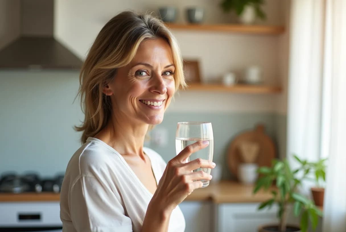 A calm, healthy woman in her early 50s standing in a bright kitchen holding a glass of water, looking relaxed and confident.