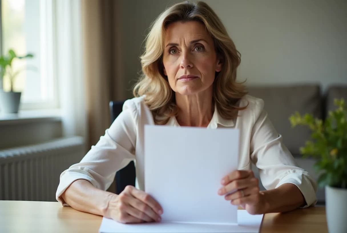 A woman in her fifties sitting at a kitchen table with a pharmacy denial letter, a notepad and a phone, sunlight from a window behind her