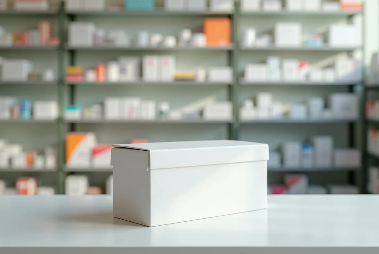 A woman in her fifties sitting at a kitchen table with a pharmacy box and a phone, reviewing paperwork in daylight