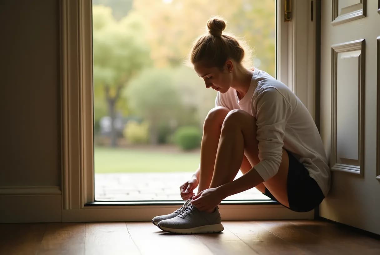 A woman in her fifties in workout clothes sitting on the edge of her bed lacing her sneakers, with a used medical injection pen and a glass of water on the nightstand