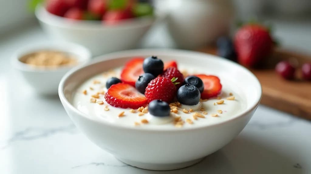 A bowl of thick plain Greek yogurt topped with berries and seeds on a light kitchen surface