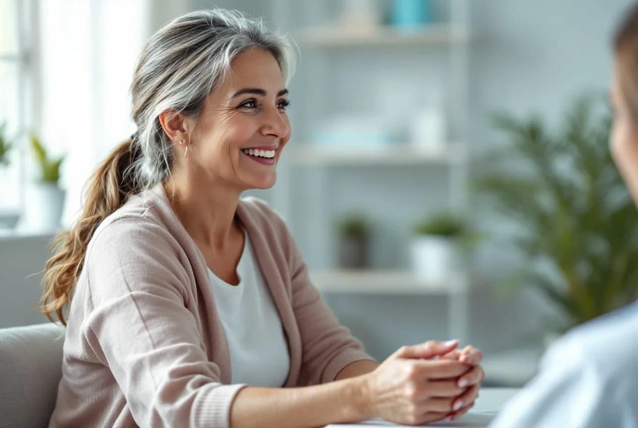 A woman in her 40s talking with a gynecologist in a calm clinic room