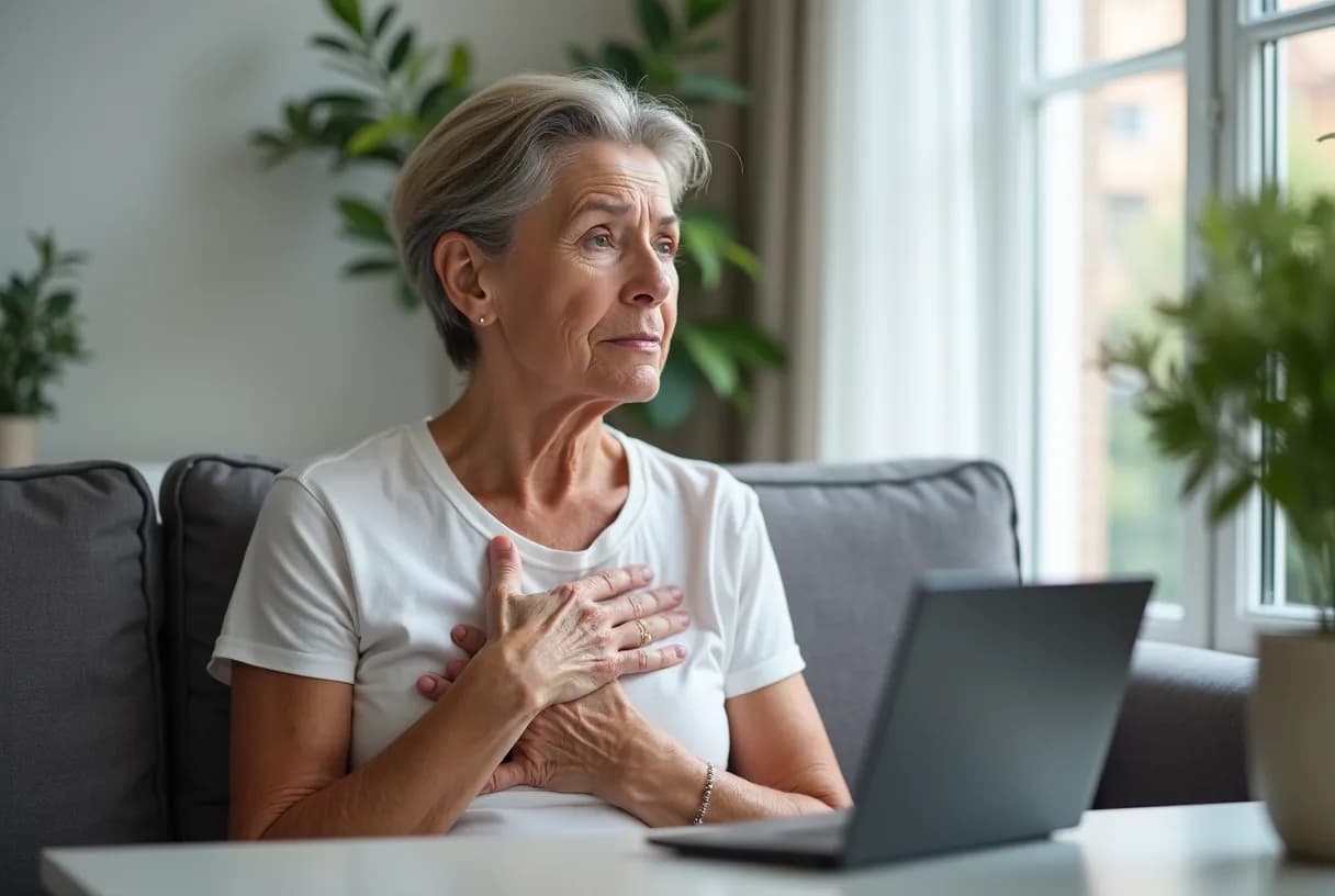 A woman in her fifties sitting on the edge of a bed with one hand pressed flat against her upper chest, looking uneasy, in soft daylight