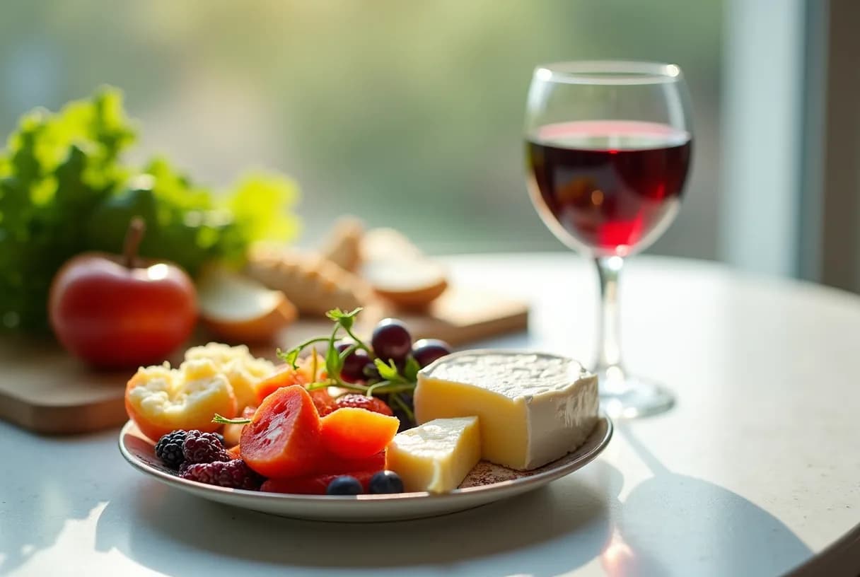 A woman in her forties in a bright kitchen looking thoughtfully at a glass of red wine beside a cheese and charcuterie board