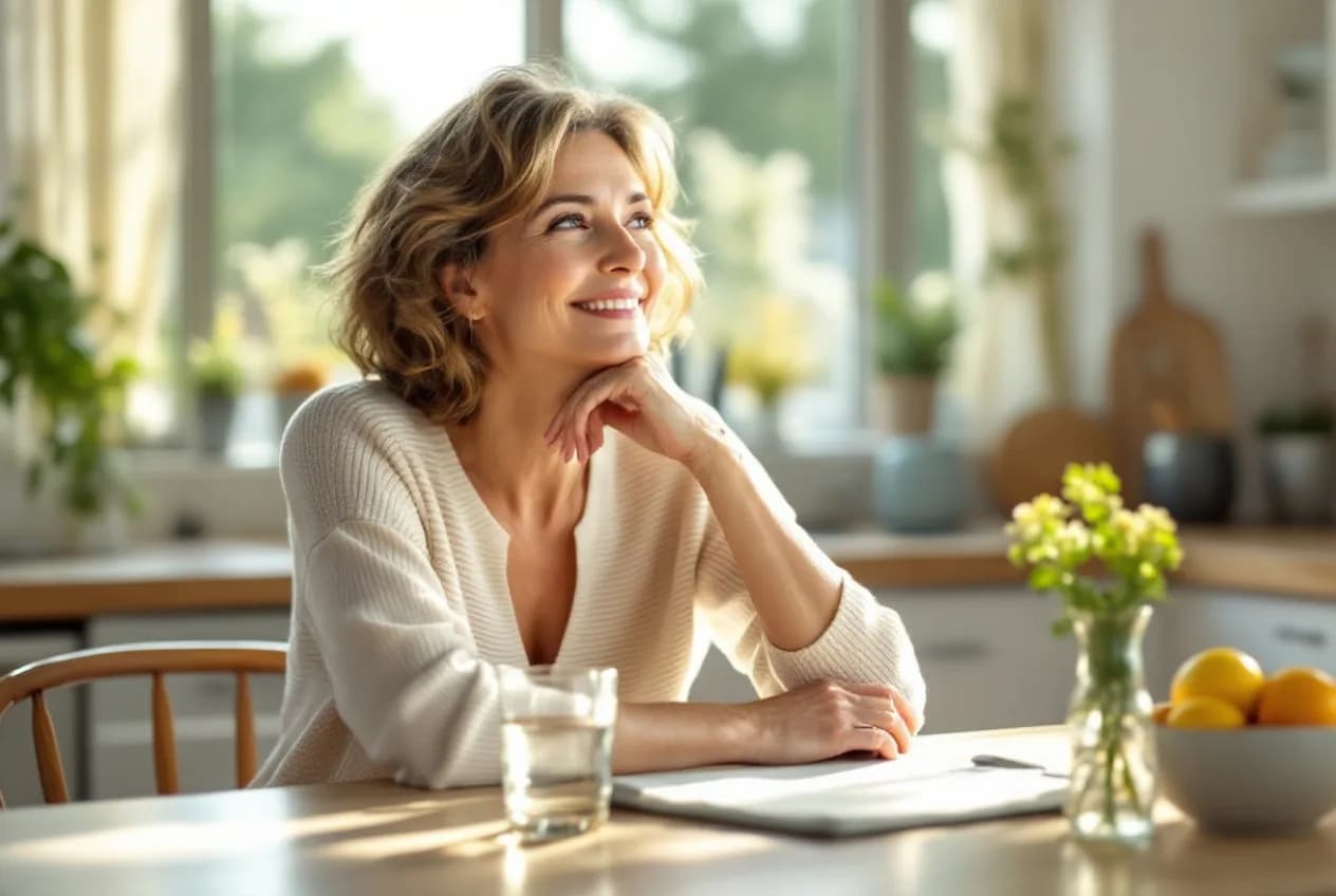 A confident woman in her early 50s sitting calmly with a glass of water at a sunlit kitchen table
