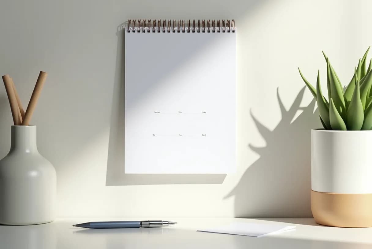 A woman in her mid-forties sitting at a kitchen table in morning light, marking dates on a paper wall calendar with a pen, a mug of tea beside her.