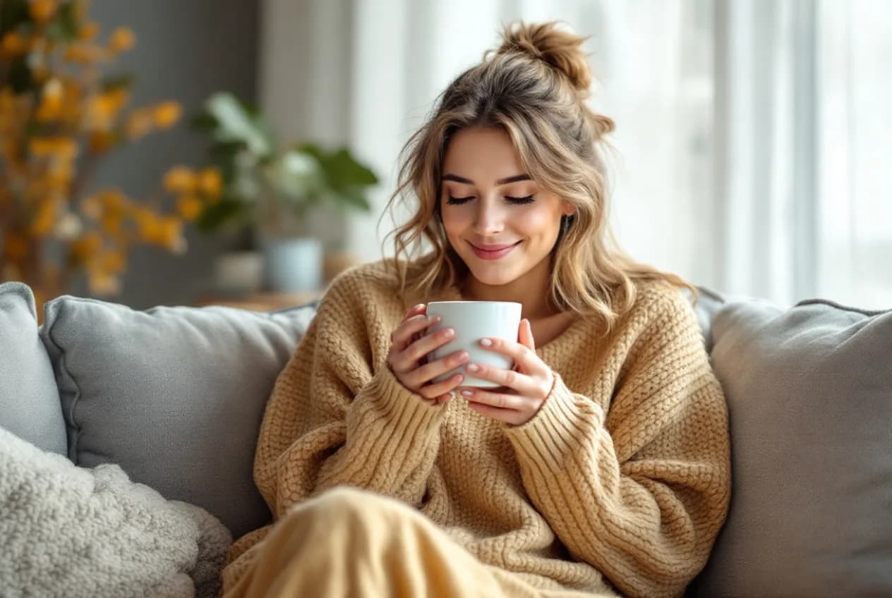 A woman in her 30s relaxing comfortably on a sofa with a warm mug in soft light