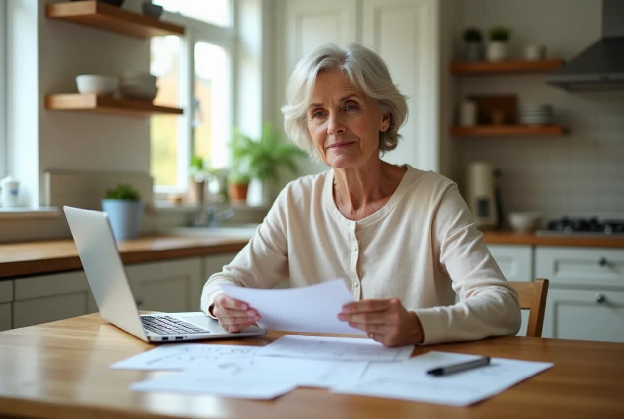 A woman in her fifties sitting at a kitchen table with a laptop and paperwork, calmly reviewing household health expenses in soft natural daylight.