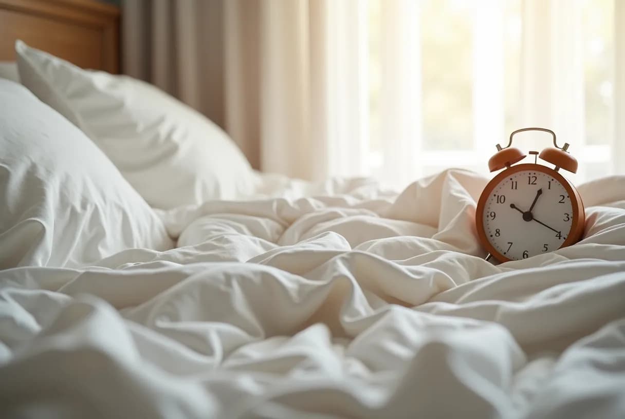 A woman in her fifties asleep in a dim bedroom, head on a white pillow, morning light coming through a partly open curtain