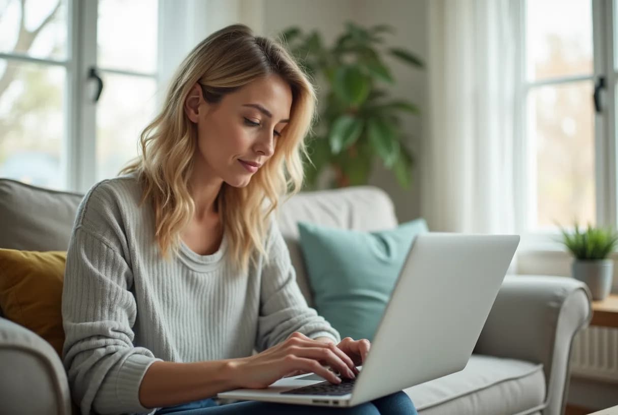 A woman in her fifties sitting at a kitchen table with a laptop and a notebook, comparing information on a screen