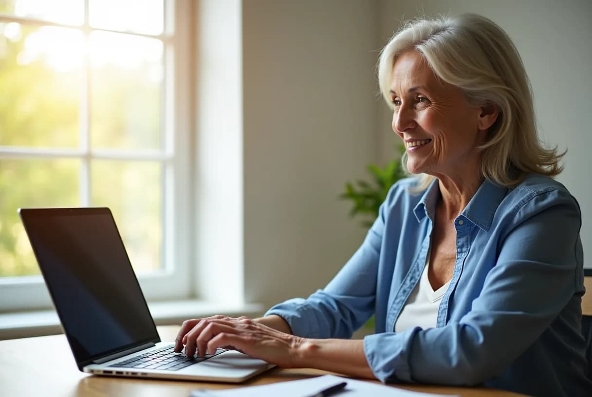 A woman in her fifties sitting at a kitchen table with a laptop open to a video consultation, a notepad and a cup of tea beside her, afternoon light through a window