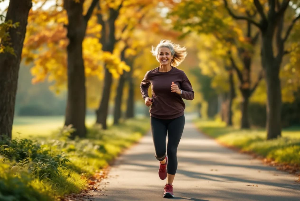 A woman in her 50s jogging along a tree-lined path in warm morning light