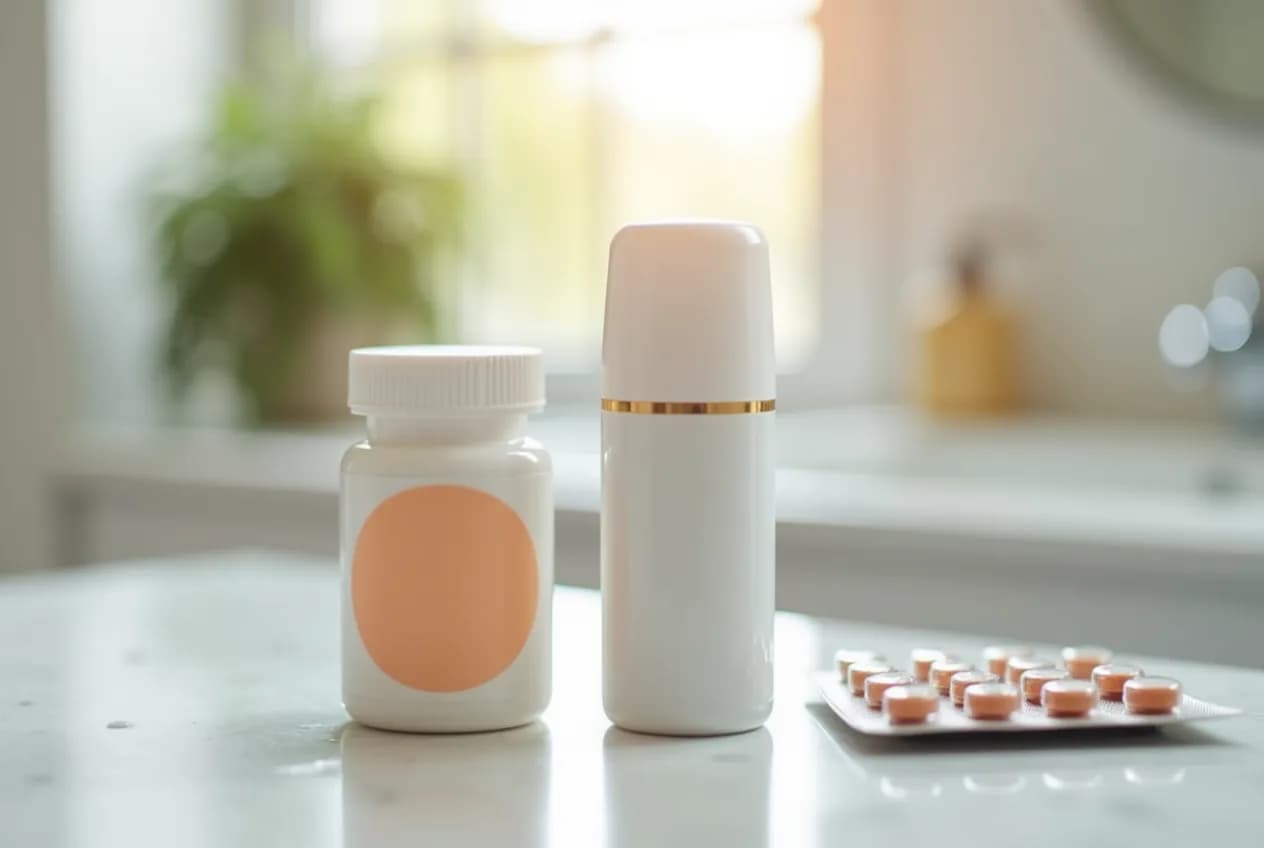 A hormone therapy skin patch, a pump bottle of estrogen gel, and a blister pack of tablets arranged side by side on a bright bathroom counter.