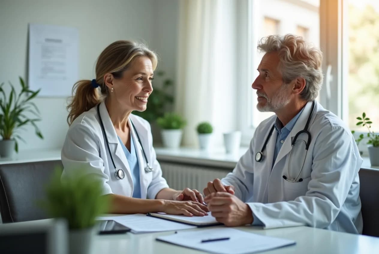 A woman in her early fifties talking with her doctor in a bright clinic office, reviewing treatment options together.