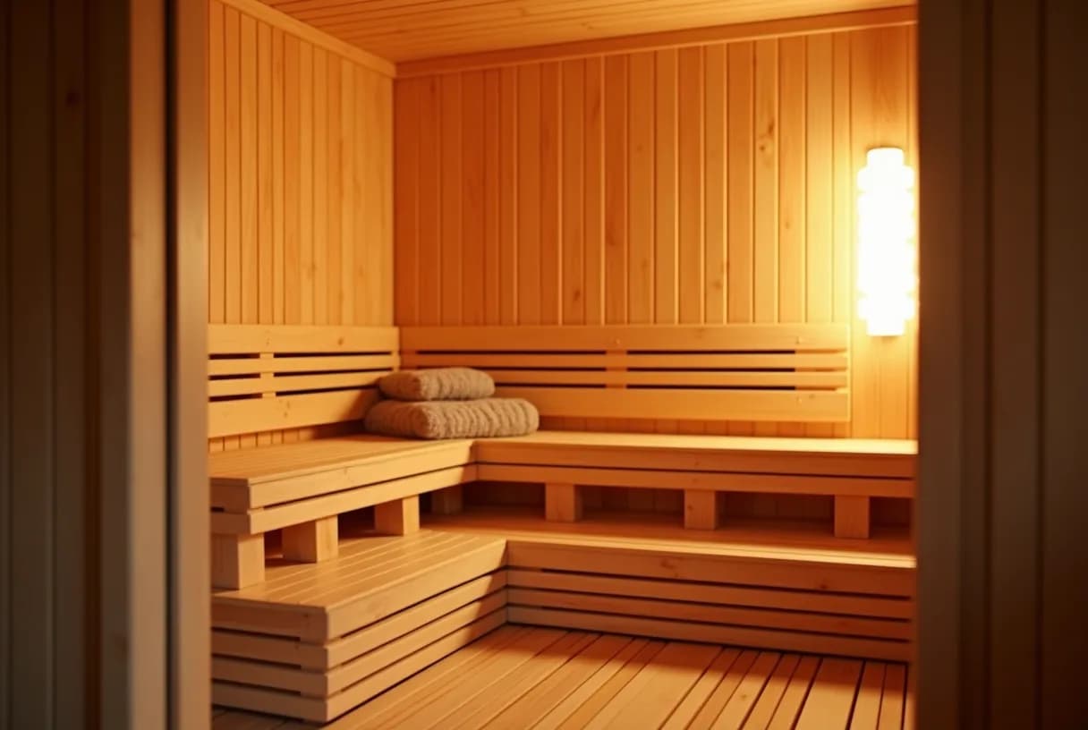 Interior of a small wood-paneled infrared sauna cabin with a folded towel on the empty bench, warmly and softly lit.