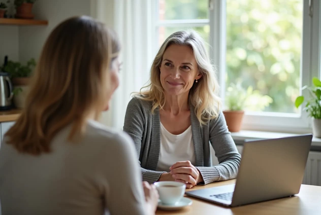 A woman in her early fifties sitting at a kitchen table with a laptop and a cup of tea during a video call with a clinician, in soft natural window light