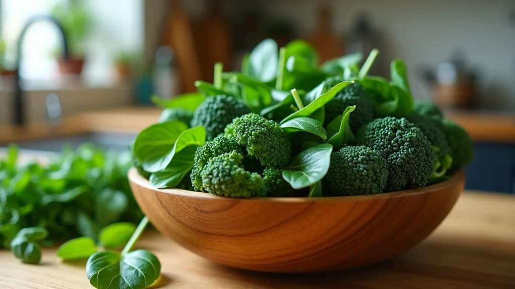 A wooden bowl overflowing with fresh spinach, kale, and other dark leafy greens on a kitchen counter