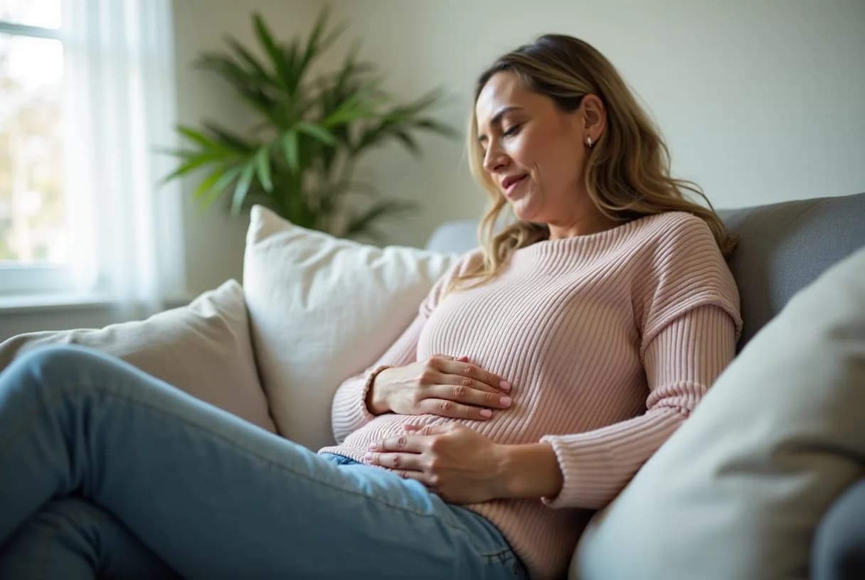 A woman seated on a sofa with one hand pressed against the lower right side of her abdomen, looking uncomfortable.