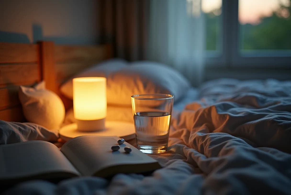 A woman in her late 40s resting calmly in a softly lit bedroom at night, eyes closed on her pillow