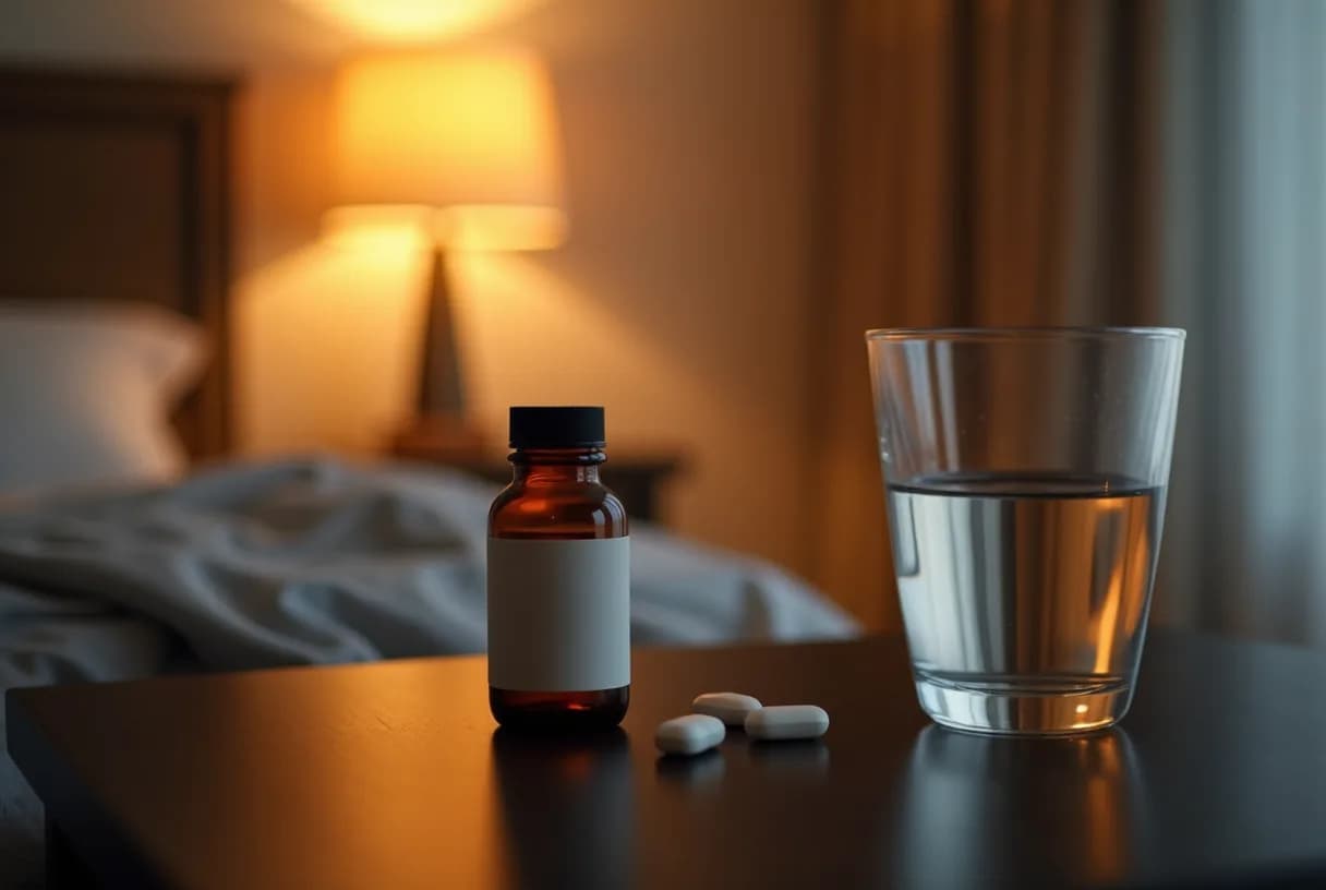A woman in her fifties sitting on the edge of her bed in a dimly lit bedroom at night, holding a glass of water beside a low bedside lamp.