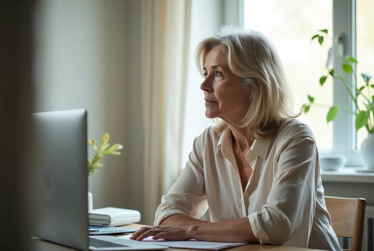 A woman in her late forties sitting at a cluttered desk, resting her chin on her hand and looking away from her laptop, appearing distracted and tired in soft daylight.