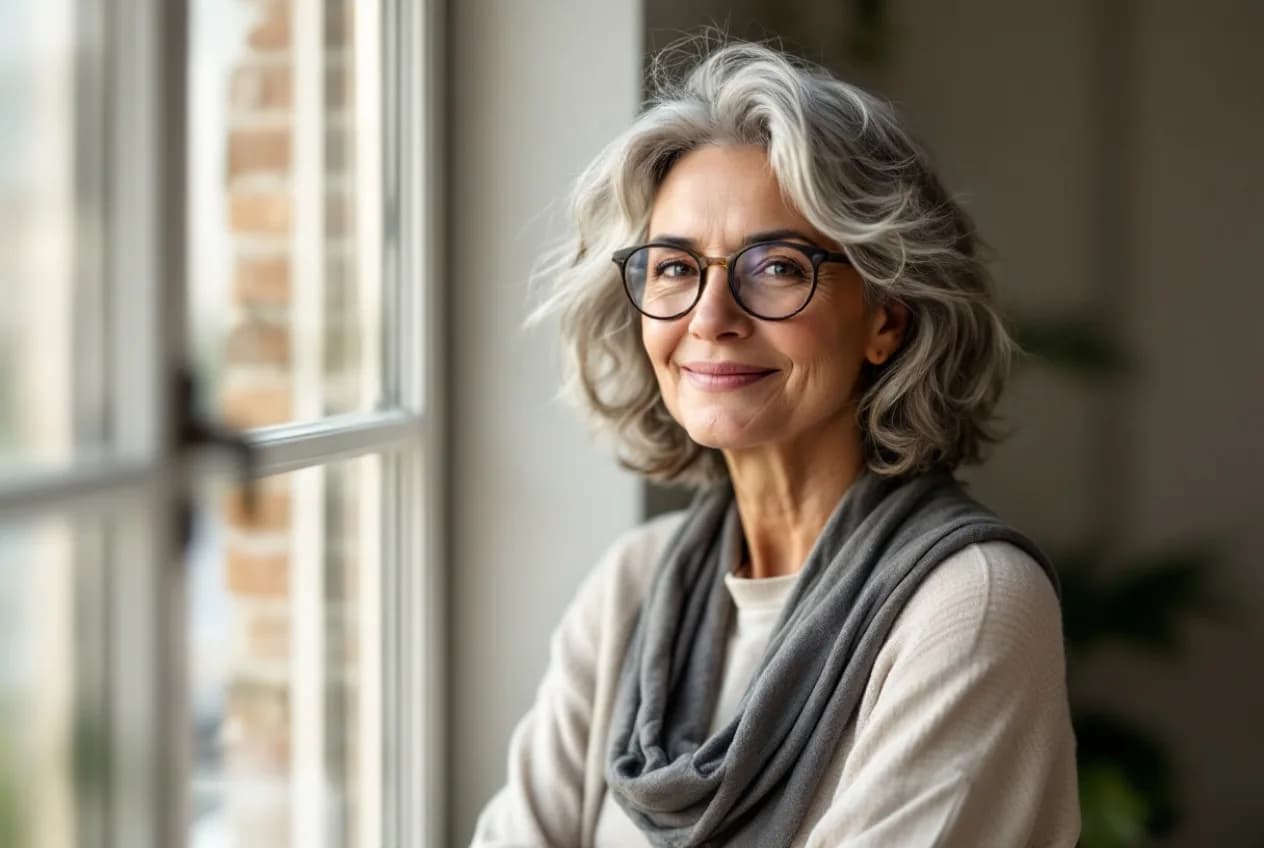 A confident woman in her early 50s standing in soft natural light at home