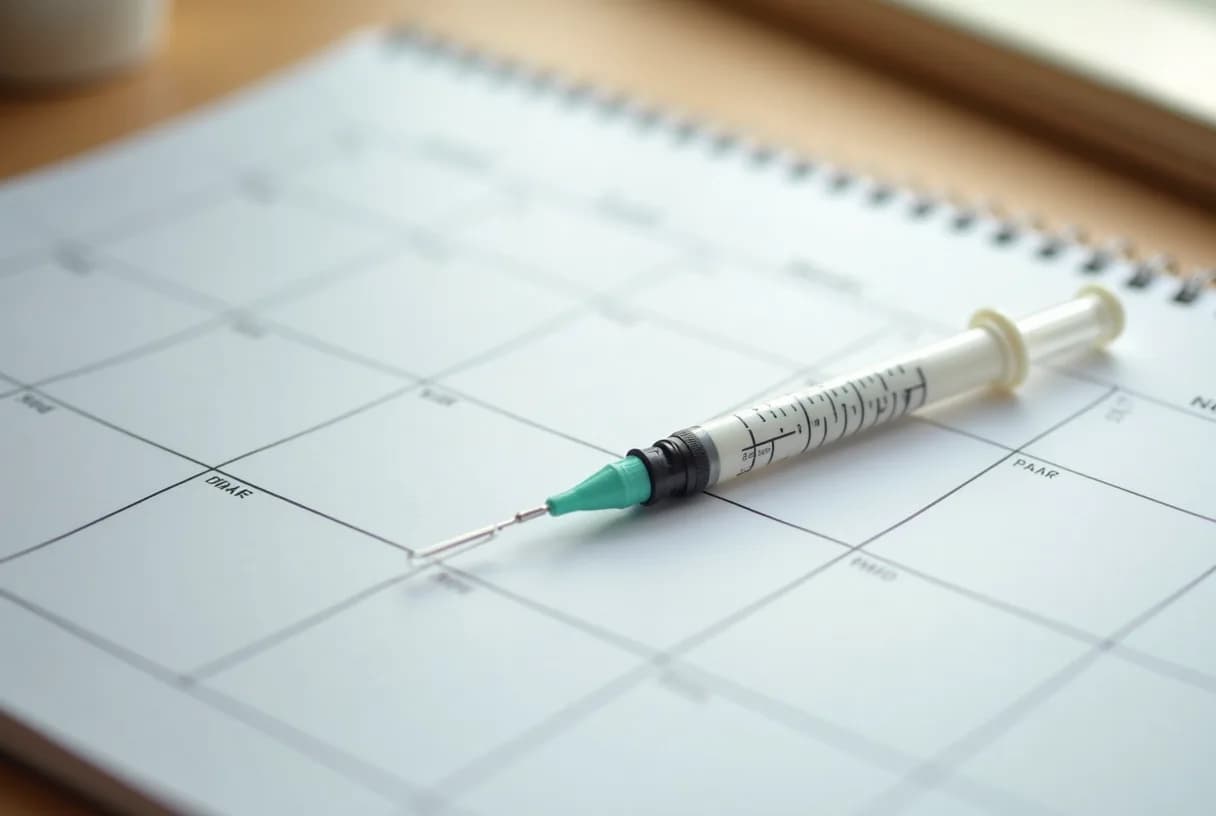 A weekly single-dose injector pen and its carton resting on a kitchen counter beside a calendar and a glass of water, soft daylight, no visible text