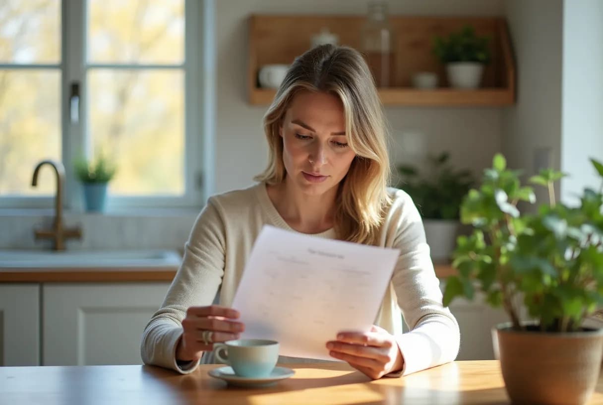 A woman reading a genetic test report at a kitchen table with a cup of tea, looking calm and unworried