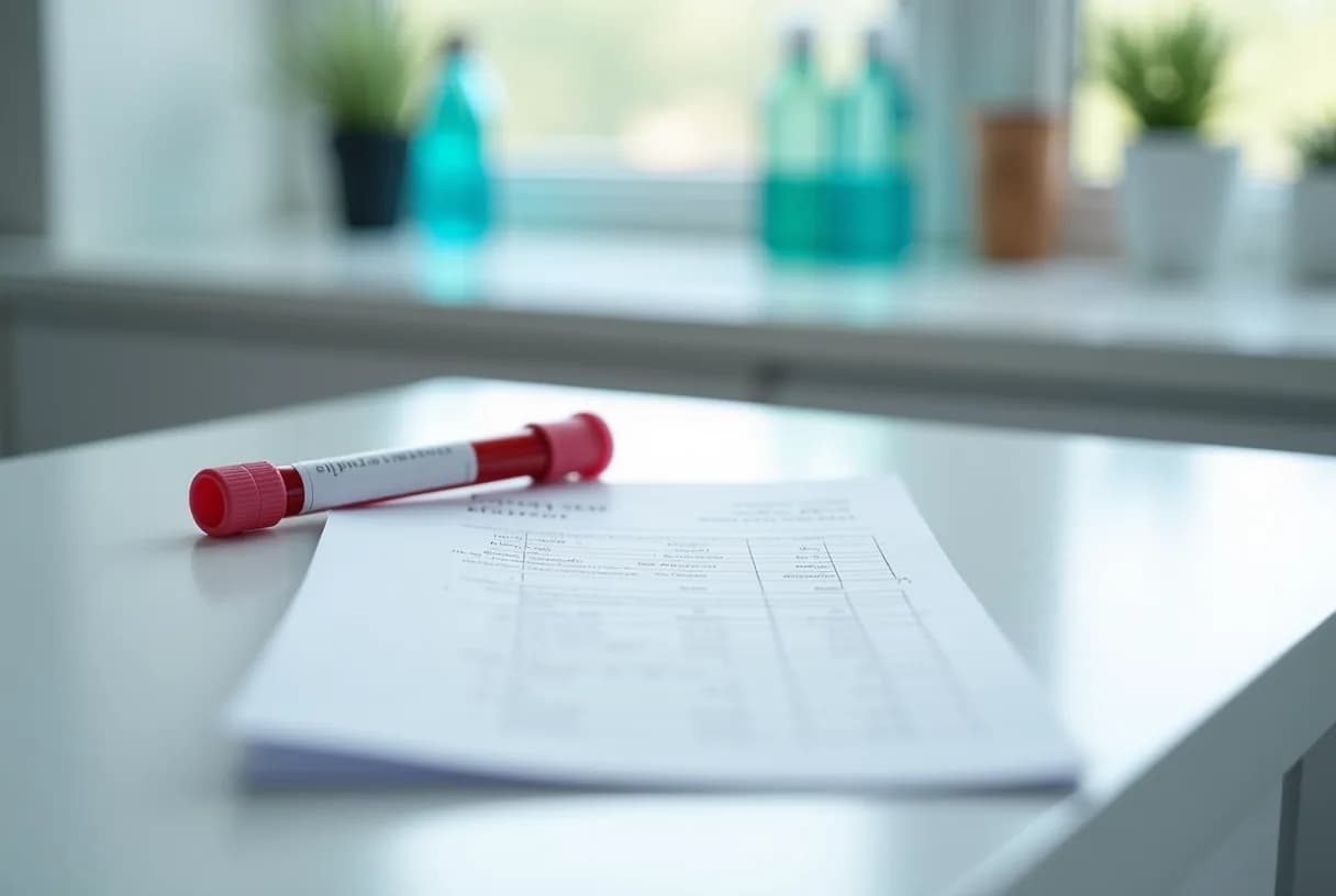 A woman in her forties sitting at a kitchen table reviewing a printed blood-test report next to an open laptop, thoughtful expression, soft daylight, no readable text in the image.