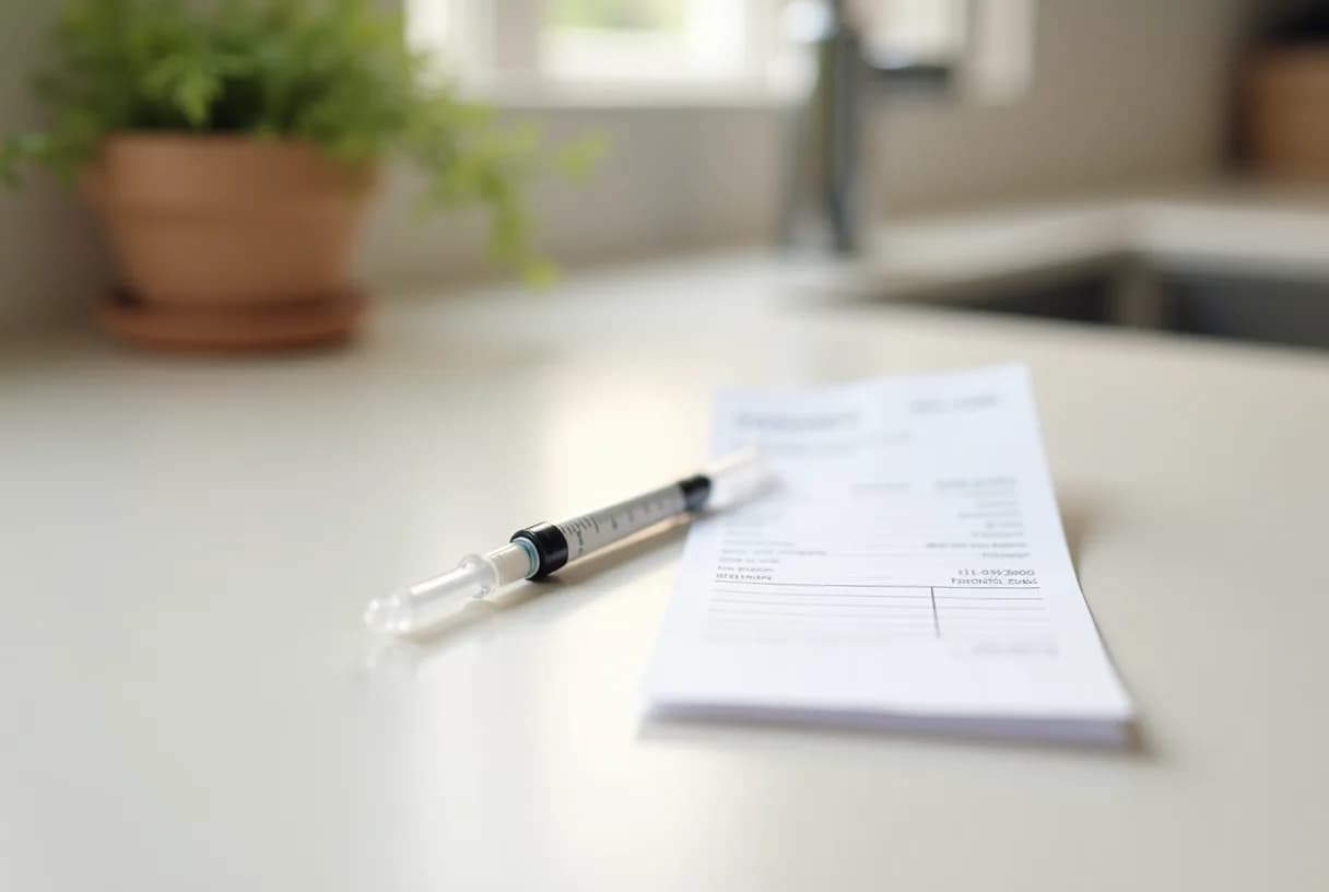 A woman at a kitchen table reviewing a pharmacy receipt and an insurance statement beside a laptop and a cup of tea