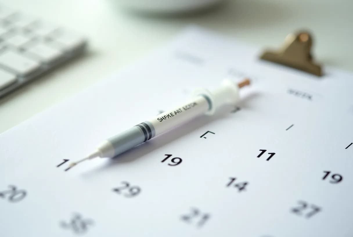 A single-use weekly injection pen and its box resting on a kitchen counter beside a paper calendar with one day of each week circled