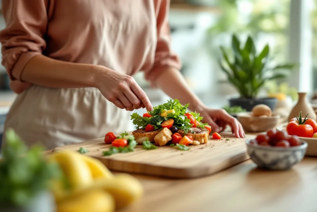 A woman in her 30s preparing a balanced meal in a bright kitchen