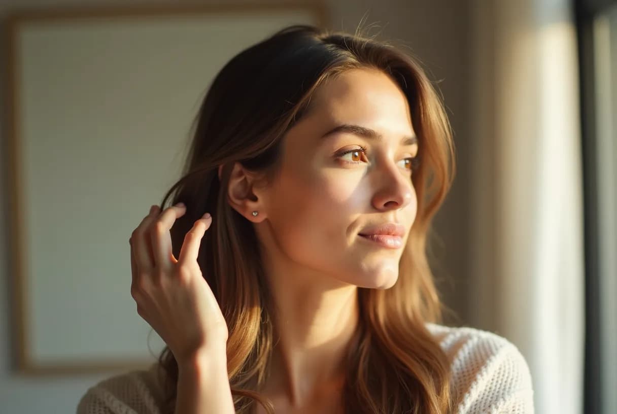 A woman in her 30s parting her hair in a bathroom mirror to look at the density along her part line