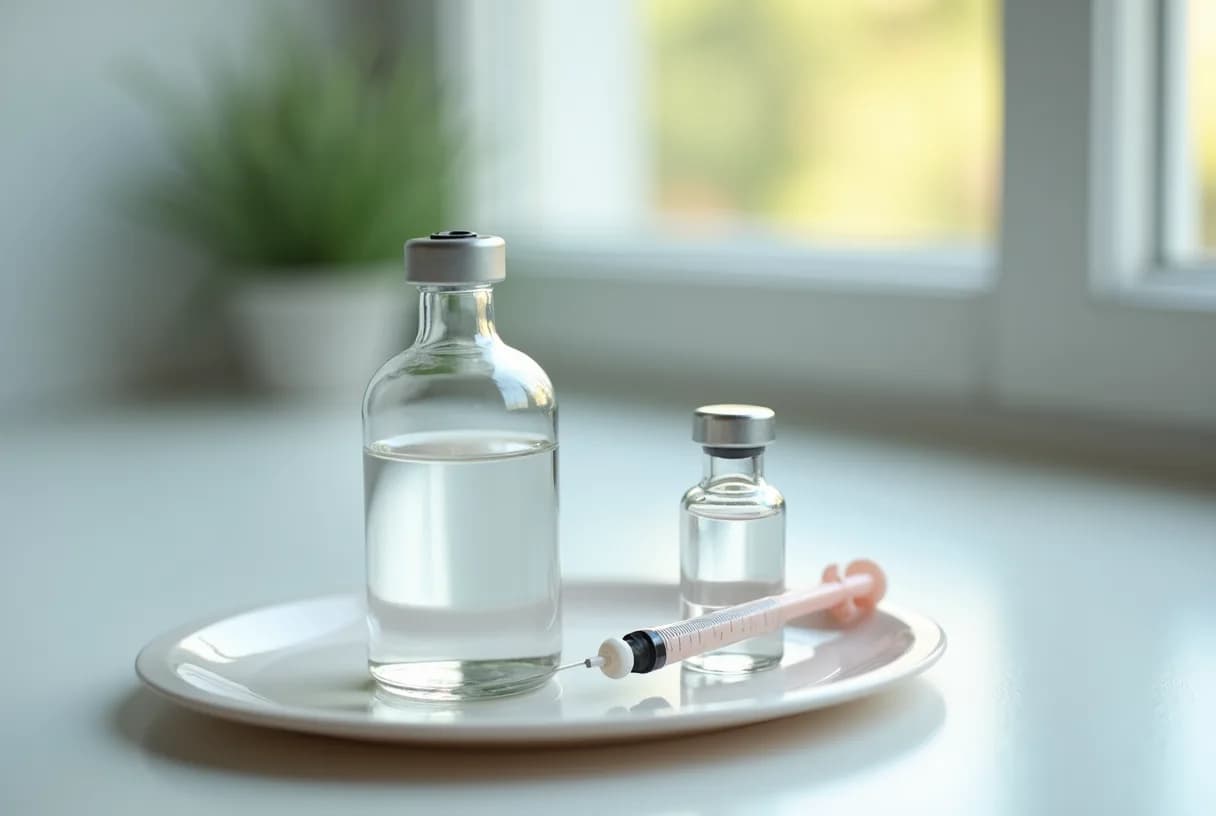 A single-dose prescription injection pen and a pharmacy label on a clean counter, next to an unlabeled glass vial of powder, contrasting a regulated medicine with an unregulated product